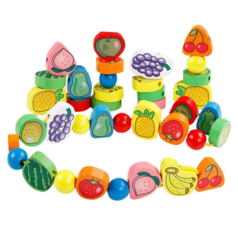 ECOFriendly Toys  56 Piece Fruit Bead Game Lacing Toy Stringing Beading Game Early Educational Toys Kids 3+ Years