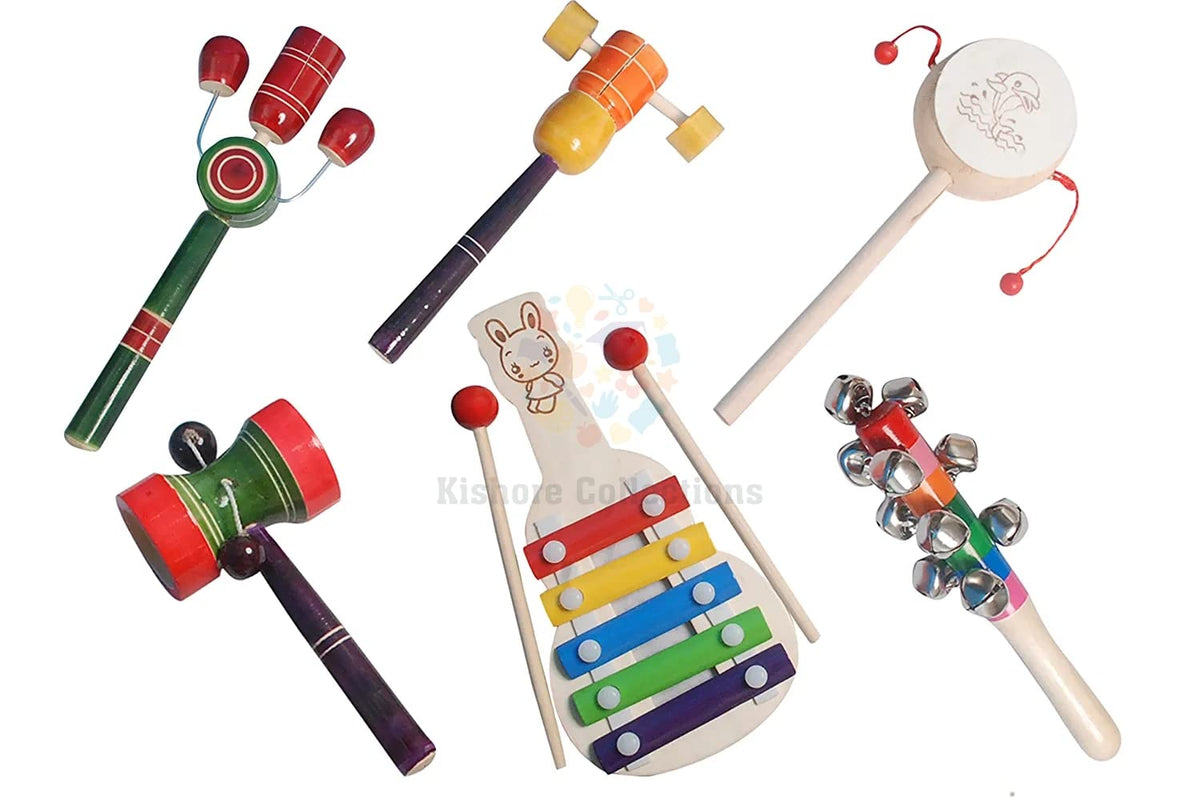 Kishore Collections Channapatna Toys Wooden Baby Rattles for 6 to 12 Months| Gift for New Born Baby Girl & Boy InfantsSet of 6 