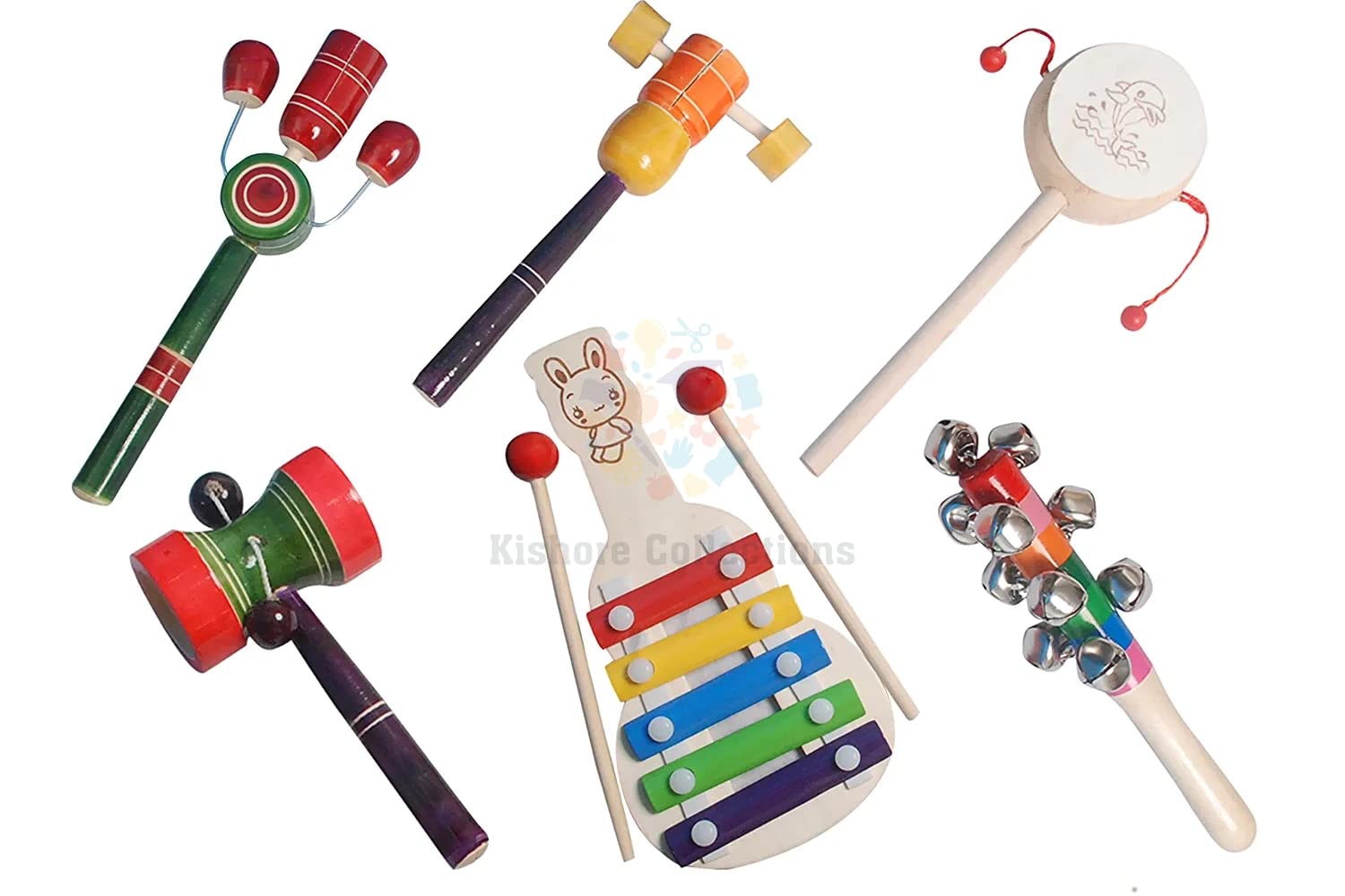 Kishore Collections Channapatna Toys Wooden Baby Rattles for 6 to 12 Months| Gift for New Born Baby Girl & Boy InfantsSet of 6 