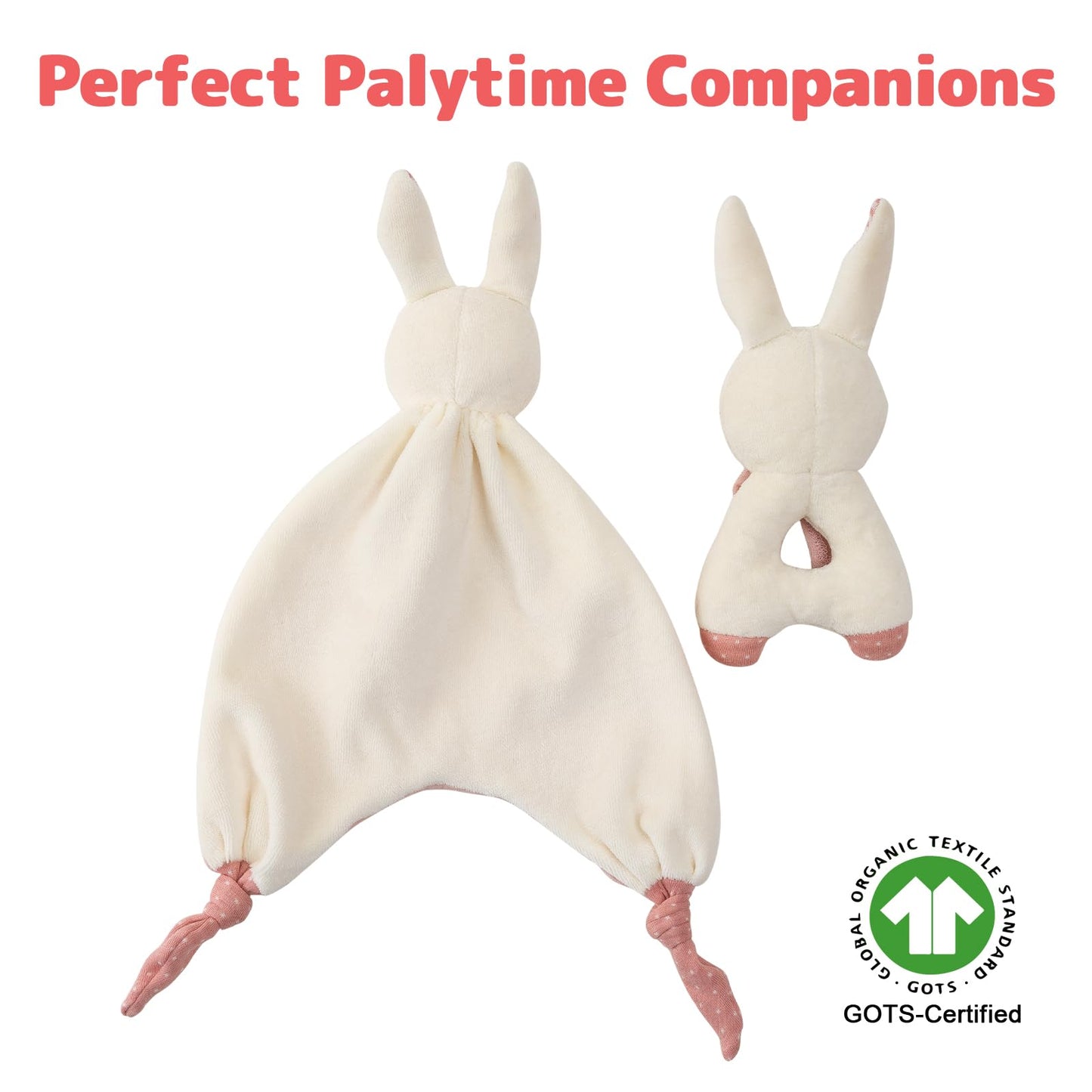 CUDDLE CORNER Organic Cotton Stuffed Animal Rattle Baby Toys, Plush Bunny Cuddle Cloth and Hand Grip Ring Rattles Plush Toy Set