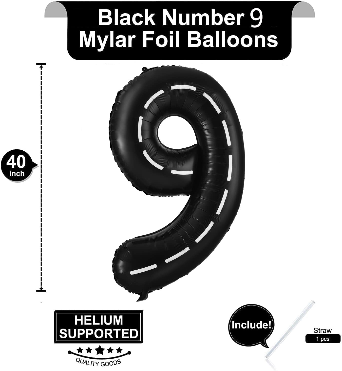 Race Car Number 9 Balloons,40 Inch Racing Car 9 Birthday Balloons Two Fast Balloon Race Track Black 9 Balloon Number For Cars Theme Birthday Party