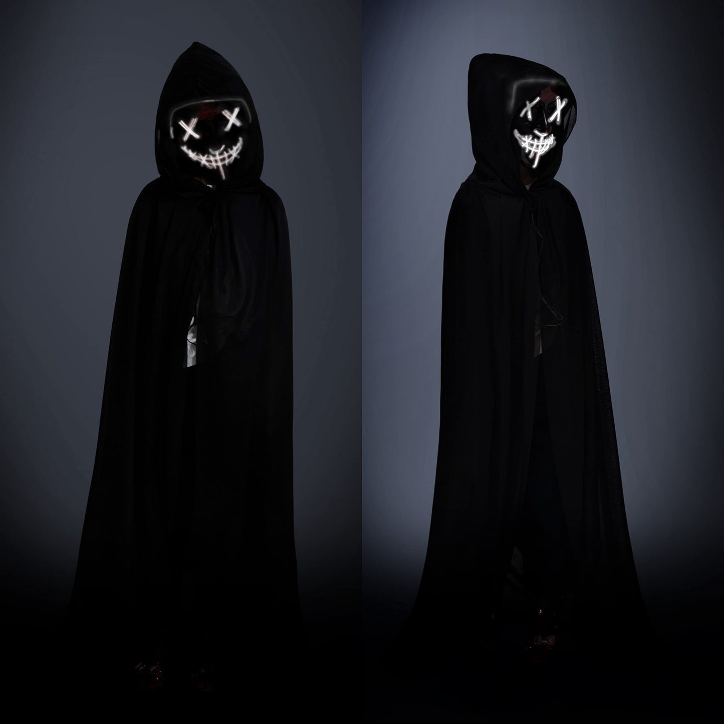 Kids Full Length Hooded Velvet Cloak Halloween Cape Costumes With White Led Light Up Scary Mask (35'/90Cm)