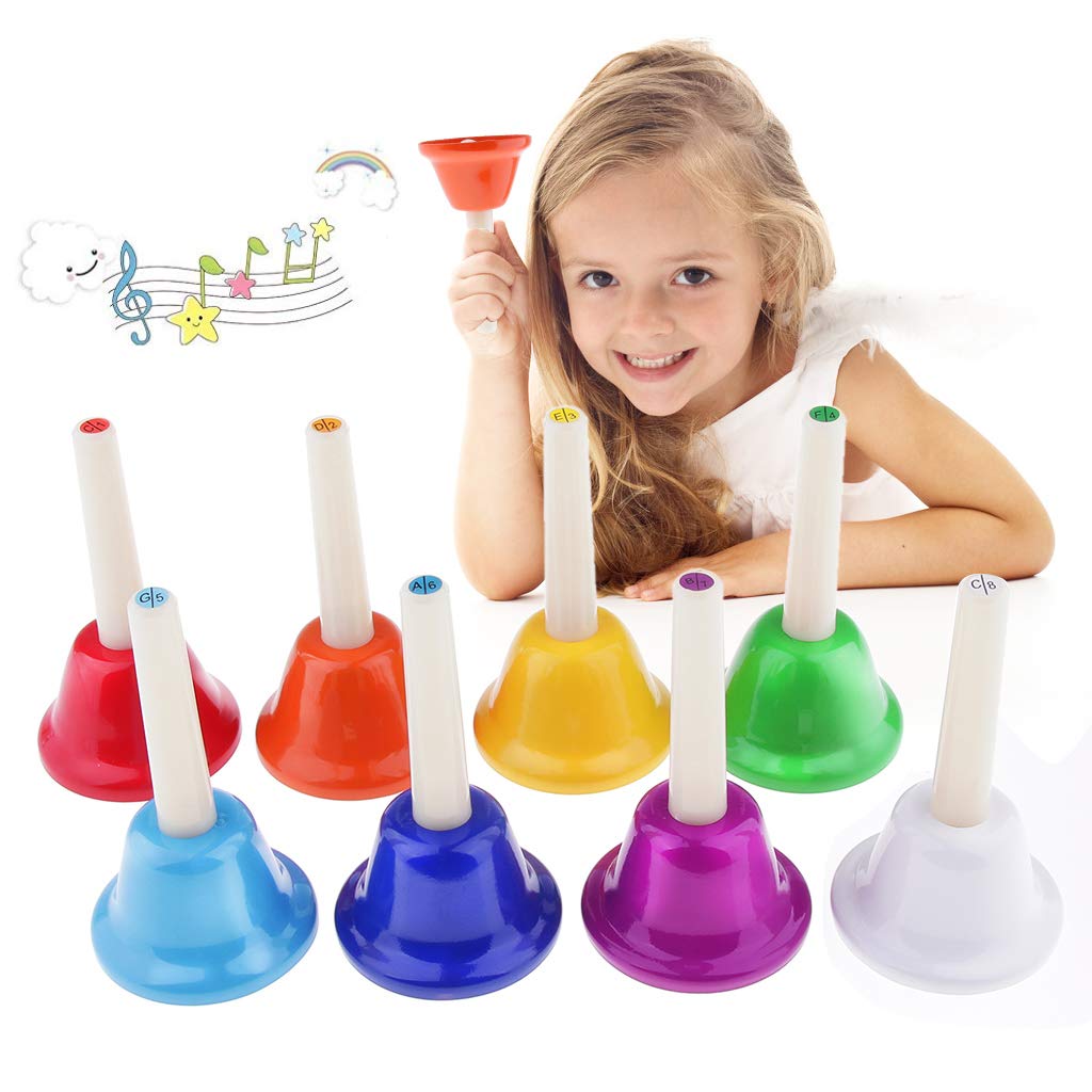 Alnicov Music Hand Bell Rhythm Band Kids Play Hand Bells, 8 Sound, 8 Color Musical Bell For Kids, Senior, Teacher, Desk Bell Met