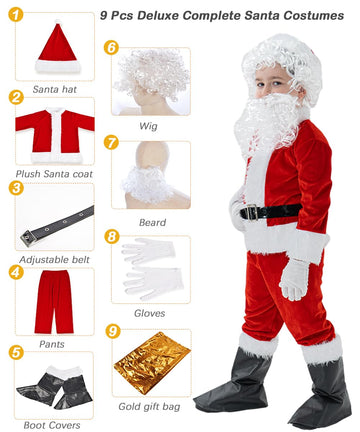 Udyr Children’S Santa Claus Costume Suit For Kids Boys Deluxe Flannel Santa Outfit 9Pcs (Medium)
