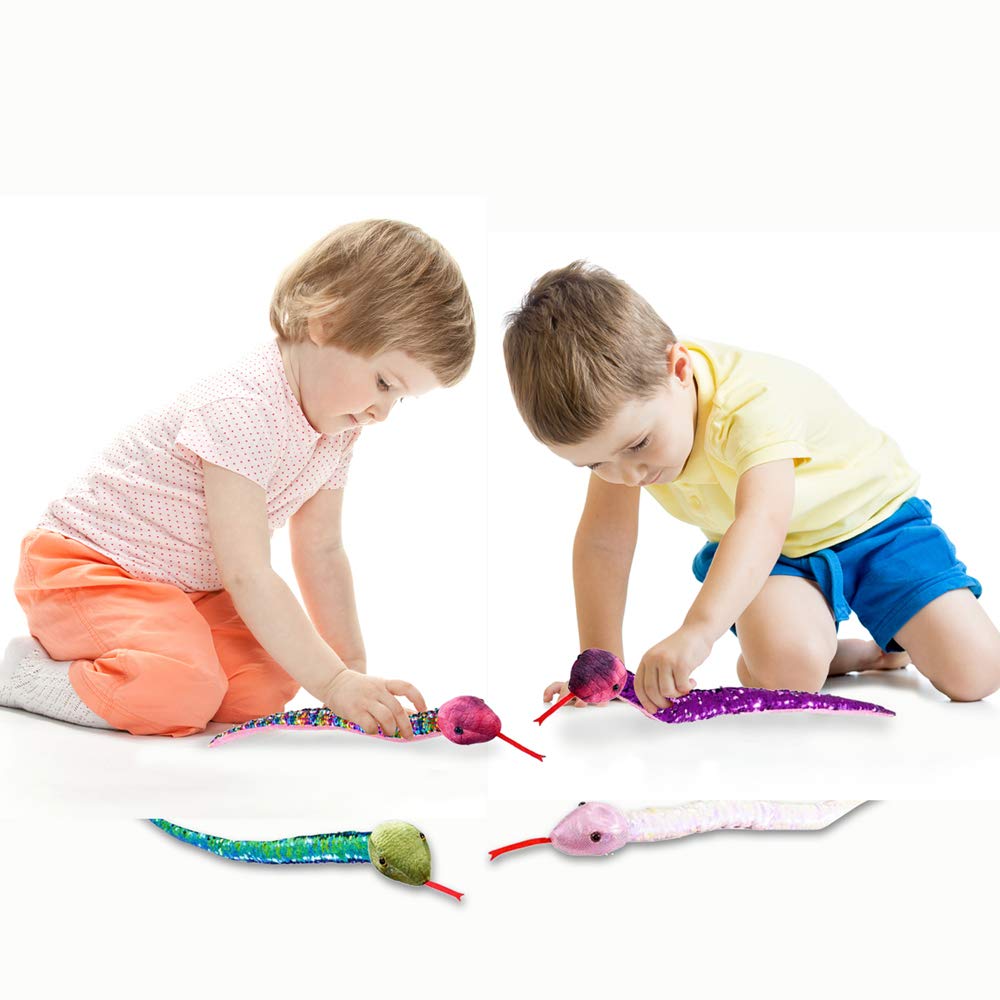 Artcreativity Flip Sequin Snake Toys For Kids, Set Of 4, Plush Snakes With Color Changing Sequins, Jungle Party Supplies, Animal