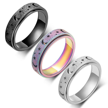 Amorartsky Anxiety Ring For Women Men, Titanium Stainless Steel Spinner Ring, 5 Colors, 6Mm, Size 6-10, 3 Styles Fidget Ring-Moon Star, Sandblasted Finished, Hollow Outer (3 Colors Set, 10)