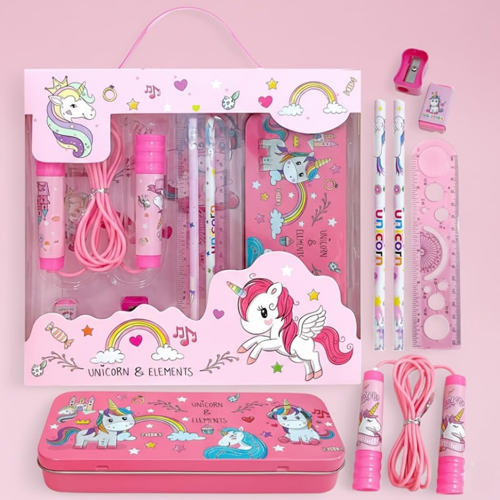 Chigy Wooh Unicorn Stationery Gift Set For Kids | Unicorn Pencil Box Metal Case, Geometry Box, 2 Pencils, Eraser, Sharpener, Rul