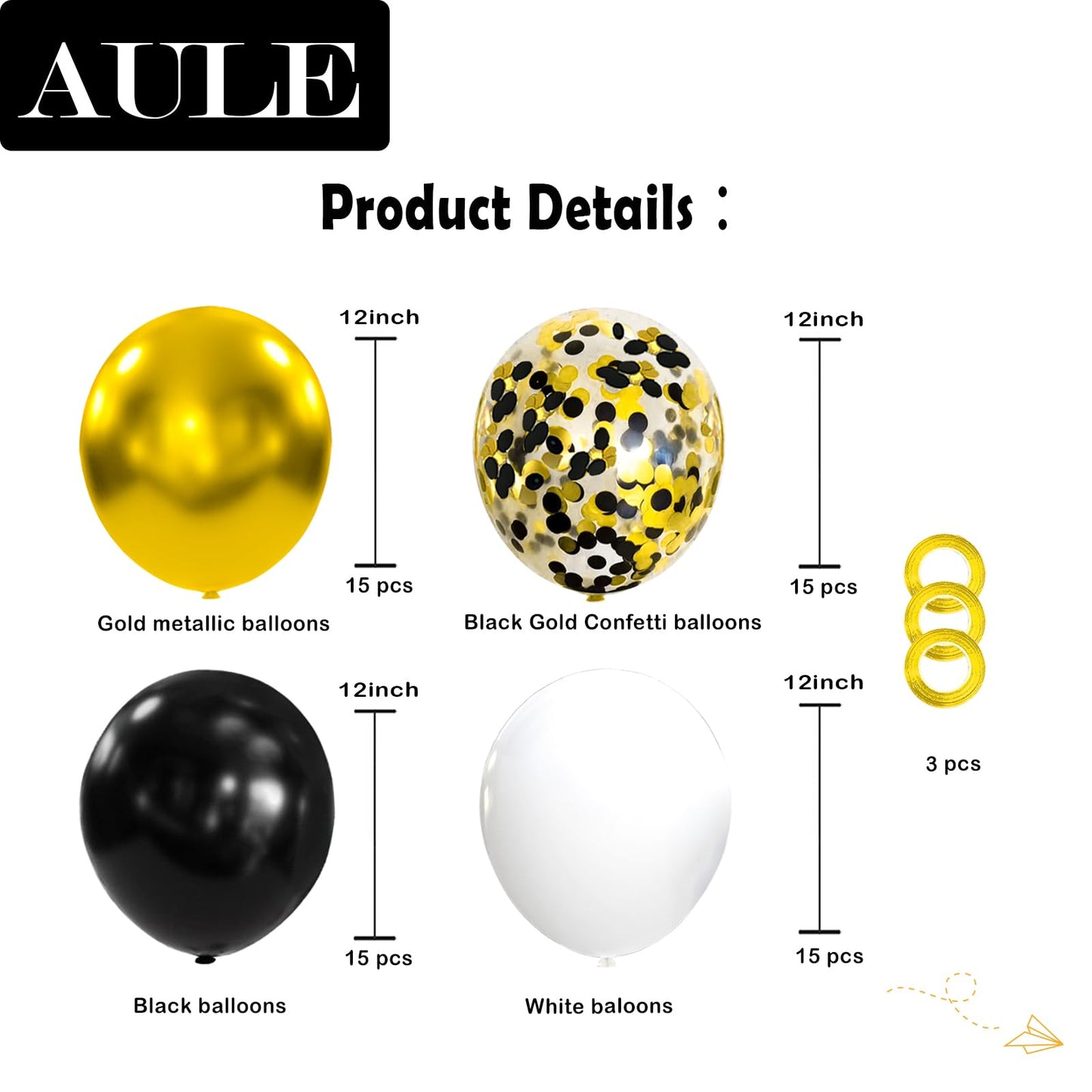 Aule Metallic Gold And Premium Latex Black White Balloons 60 Pack 12Inches And Black Gold Confetti Balloons With Gold Ribbons Se
