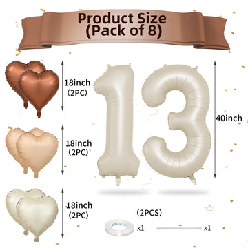 Biapian 40 Inch Cream Number 13 Balloons, 8Pcs Large Foil Number 1 & 3 Balloons With 18'' Cream White Heart Balloon Helium For 1