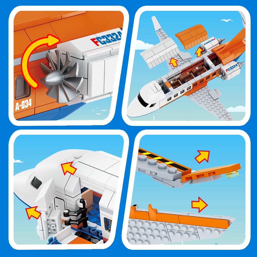 Hogokids City Passenger Airplane Building Set - 711 Pcs Stem 3 In 1 Airport Passenger Plane Building Block Toy With Baggage Truck Radar Tower Shuttle Bus For Boys Girls Kids Adults 6 7 8 9+ Years Old
