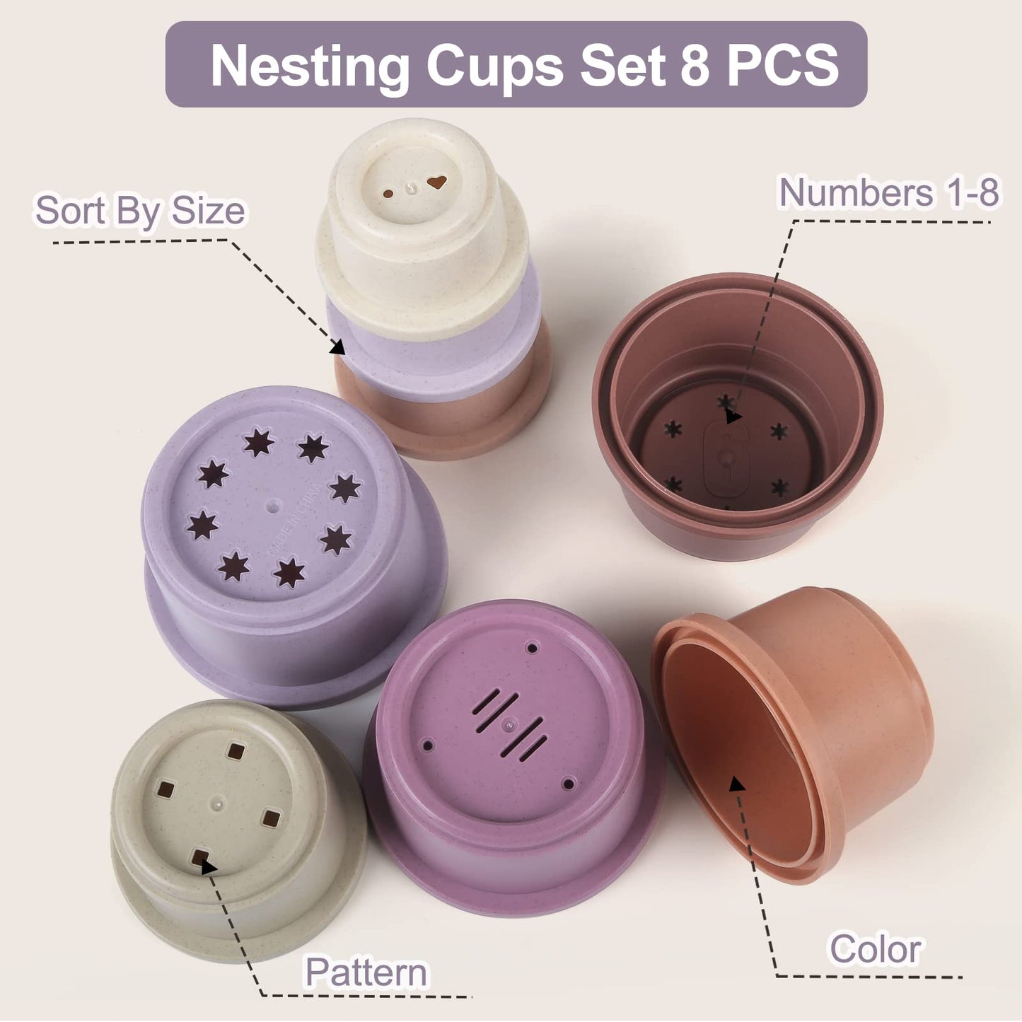Baby Stacking Cup For Toddler 1-3, 8Pcs Counting Nesting Measuring Cups Set, Stackable Bath Toy For 6-12 Months Kids, Educationa