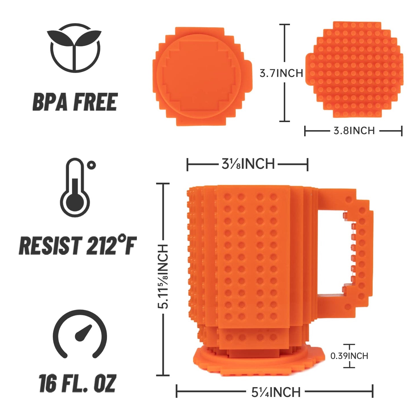 FUBARBAR Brick Coffee Mug - Funny Novelty Cup with Lid & Straw, Building Block Toy Mug, Gift Idea for Men/Women/Kids (Orange)