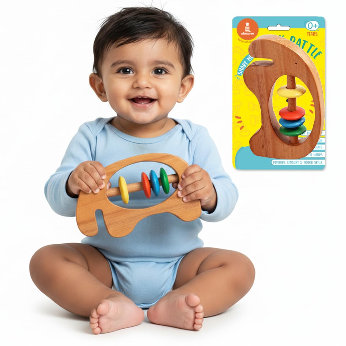 Shumee Wooden Eco Friendly Elephant Rattle Toy (0+ Years)  Discover Sounds