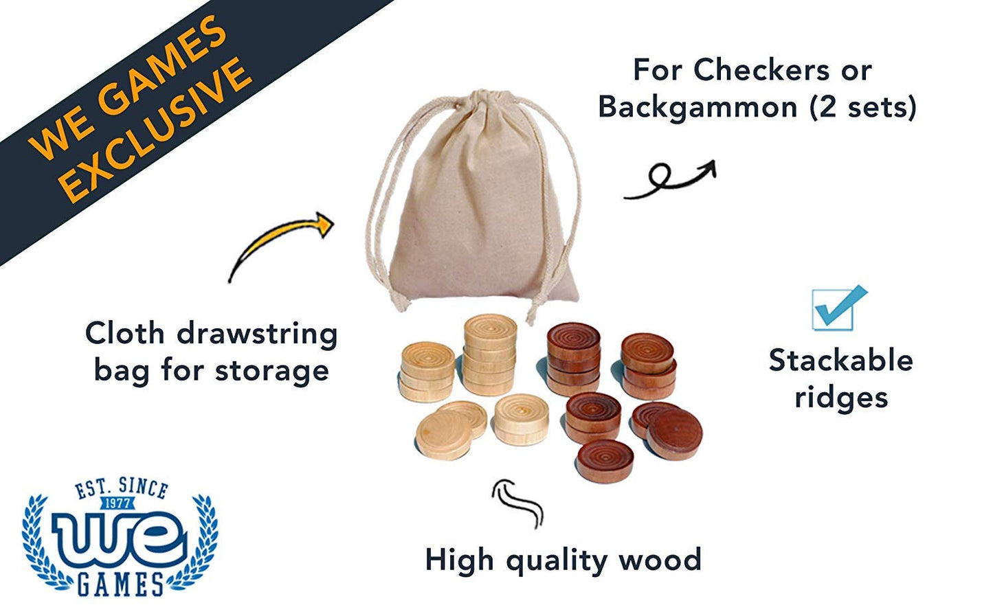 We Games Wooden Checkers Pieces Only (2 Inch), Checker Board Game & Backgammon Pieces, 24 Brown And Natural Stained Stackable Ridges With A Drawstring Storage Bag, Replacement Game Piece
