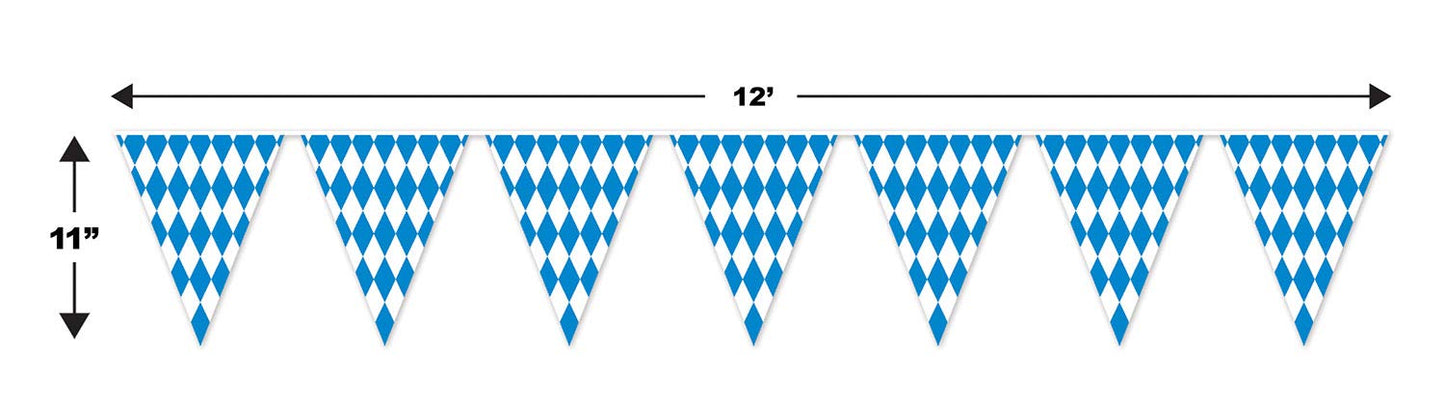 Beistle Plastic Oktoberfest Bavarian Pennant Banner for German Theme Party Supplies, 11 x 12, Blue/White