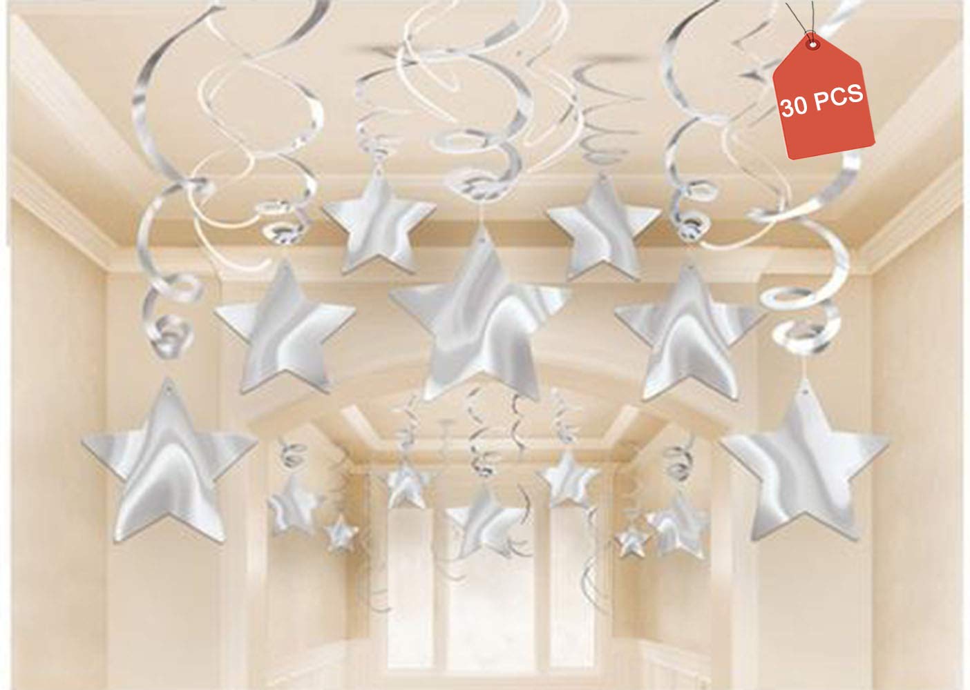 Aimtohome Party Swirl Decorations, Hanging Swirl For Ceiling Decorations, Silver With Star, Pack Of 30