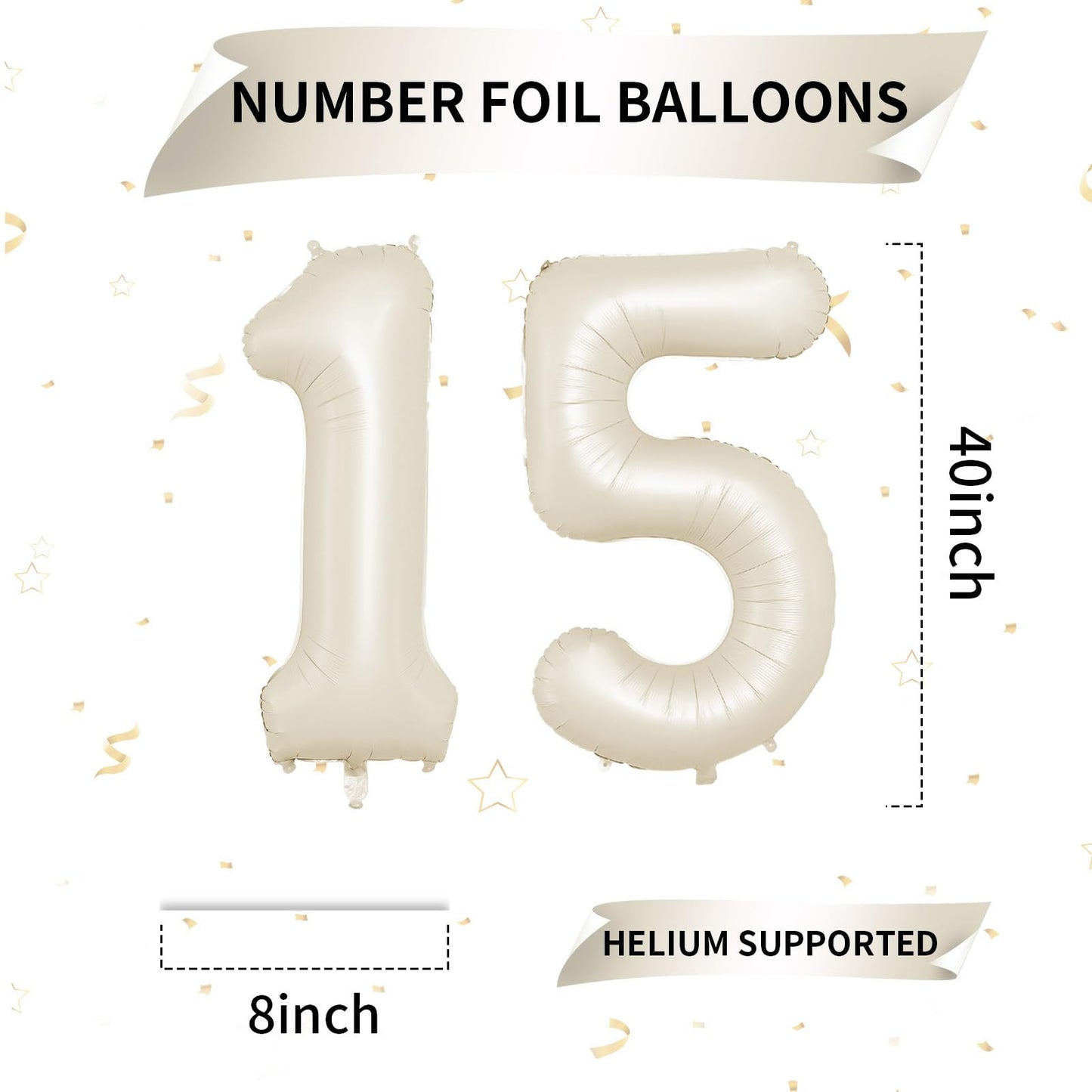 Biapian 40 Inch Cream Number 15 Balloon, 15Th Birthday Balloons, Big Digital 15 Or 51 Beige White Giant 15 Foil Balloon Helium F
