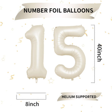 Biapian 40 Inch Cream Number 15 Balloon, 15Th Birthday Balloons, Big Digital 15 Or 51 Beige White Giant 15 Foil Balloon Helium F