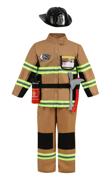 Yolsun Tan Fireman Costume For Kids, Boys' And Girls' Firefighter Dress Up (8 Pcs) 10-12 Years