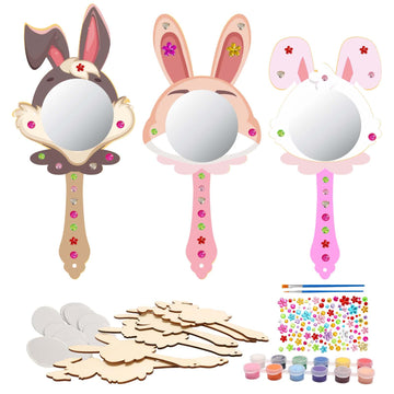 Fennoral 9 Pack Wooden Mirror Craft For Kids Decorate You Own Bunny Mirrors For Girls Diy Paint Wooden Hand Mirror For Art Activ