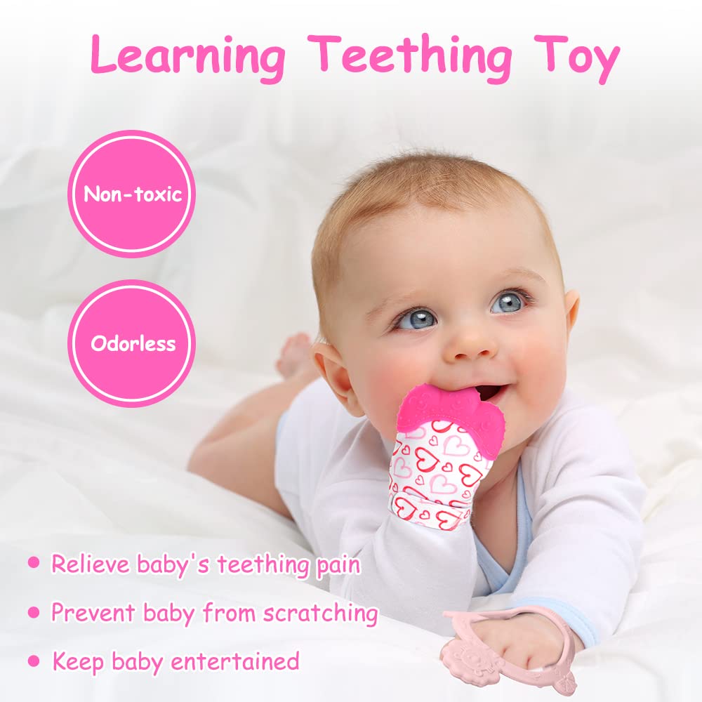 Vicloon Silicone Teething Mitt, 2Pcs Baby Teething Mitten, Baby Teething Toy With Adjustable Strap, Crinkle Sound And Textured, Baby Teething Mitten Self Soothing Baby Chew Toys For 0-6Month Infant