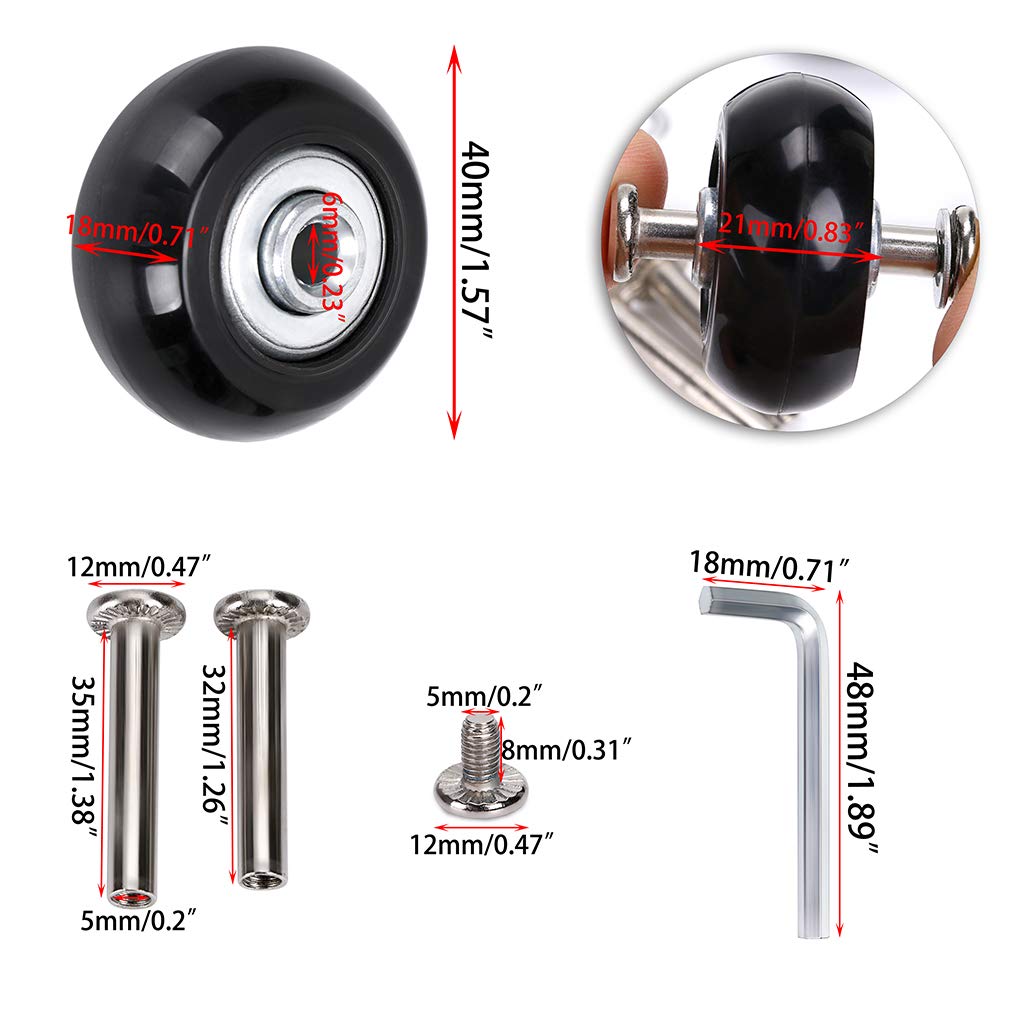 OwnMy Luggage Suitcase Replacement Wheels, 40mm x 18mm Rubber Swivel Caster, Black, Set of 4