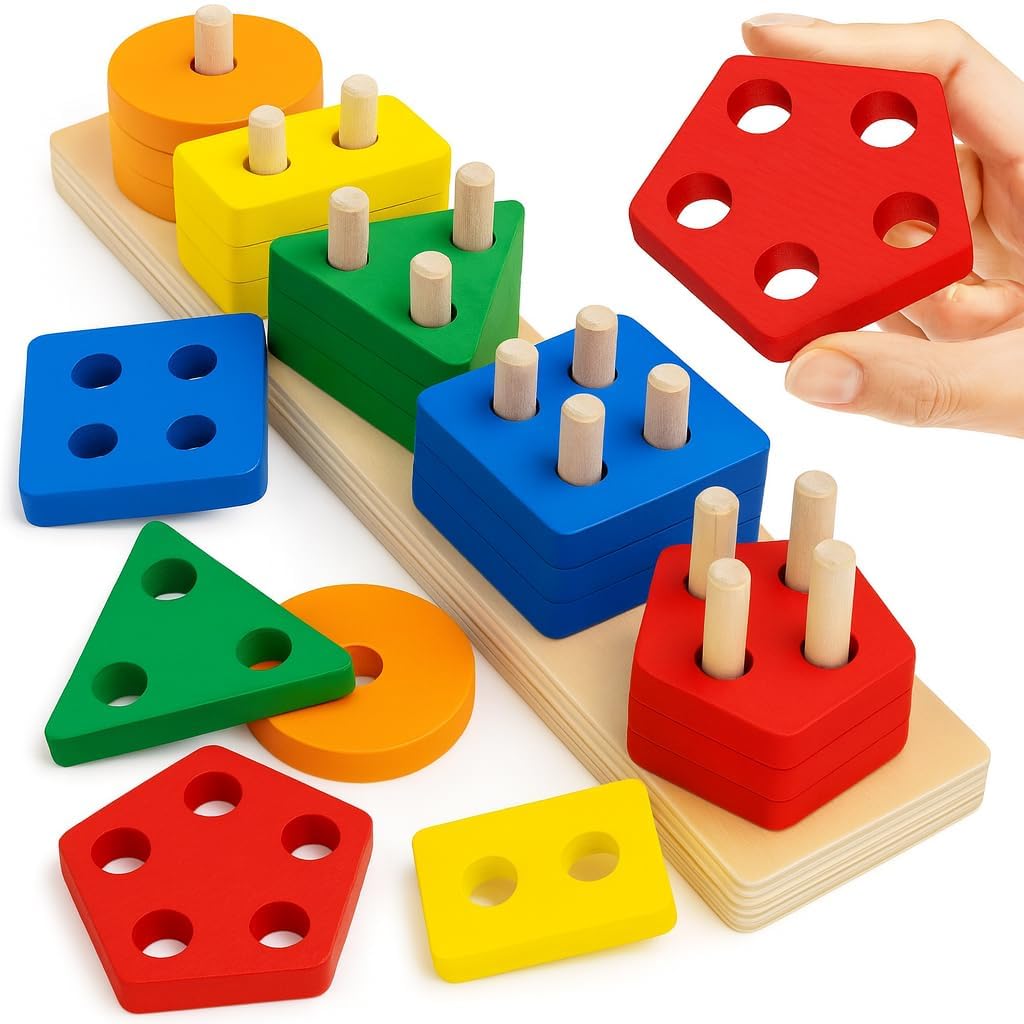 Gi Store Wooden Shape Sorter & Stacking Toys For Toddlers 24  Montessori Geometric Peg Board Blocks Counting Puzzle Game, Educ