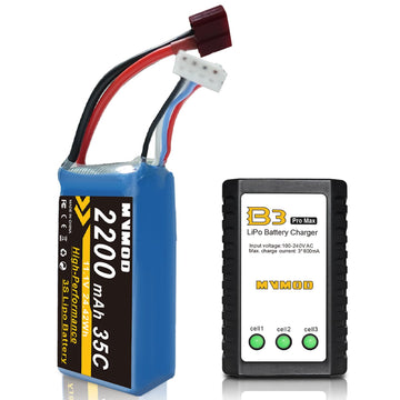 MVMOD 3S LiPo Battery with Charger Kit, 2200mAh 11.1V 35C Lipo Battery with Deans T Connector for RC Airplane RC Quadcopter Heli