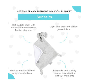 Nattou Tembo Elephant Doudou Blanket - Soft Grey Security Lovey for Newborn Boys & Girls, 11 inches Snuggle Toy & Stuffed Animal