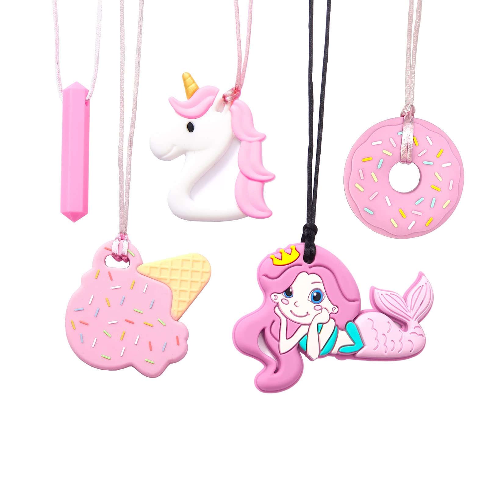 Chew Necklaces For Sensory Kids 5 Pcs Chewy Necklaces That Like Biting Or Have Autism-Perfectly Textured Chewelry Kid Girl Teether Chewing Toys-Chewy Toddler Chew Toys For Aggressive Chewers Kids