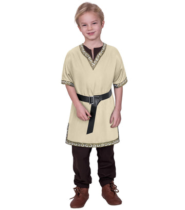 Kids Medieval Costume Boys Viking Tunic Knight Warrior Renaissance Shirts with Belt 10-12 Years Beige