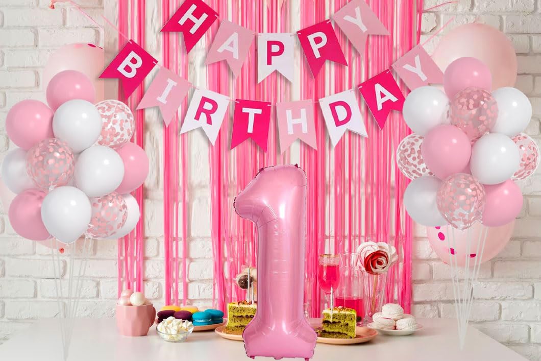 Yumiche First Birthday Decorations for Girl - Pink Balloon Set, 40" '1' Balloon, White Confetti, Happy Birthday Banner