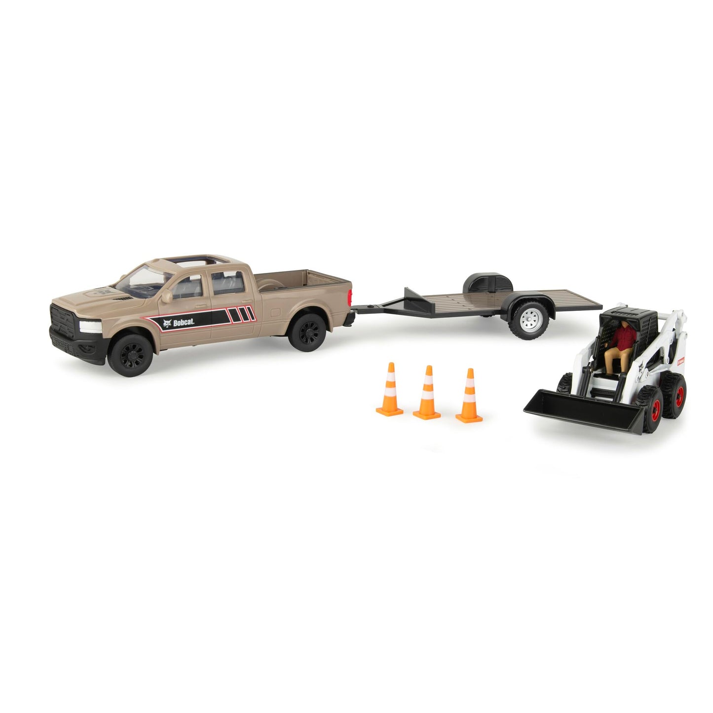 TOMY Bobcat Construction Toys - 1:32 Scale - Includes Pick Up Truck, Skid Steer, Trailer, Worker, and Cones - Collectible Die-Ca