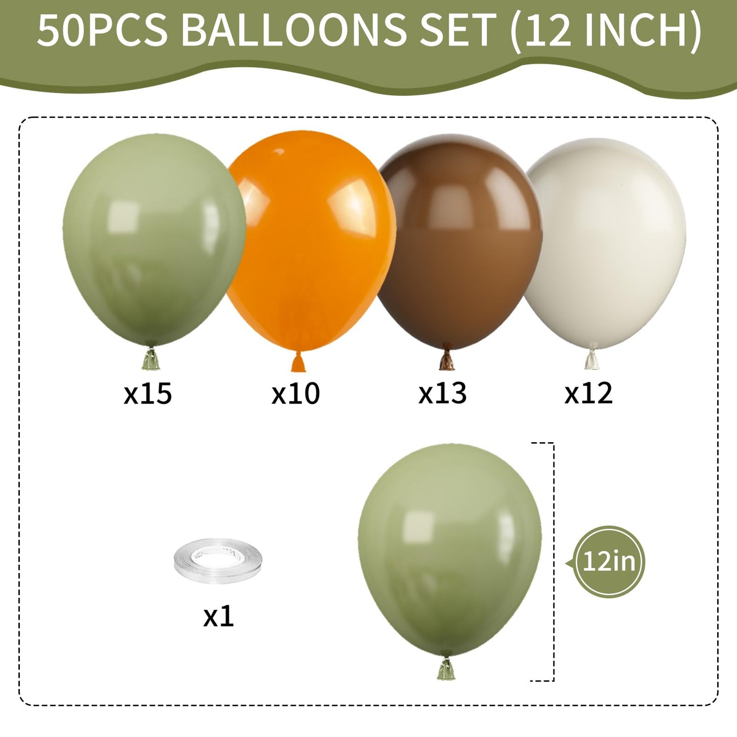 Sage Green And Orange Balloons, 12 Inch Green Brown Orange Balloons Olive Green Brown Beige Jungle Safari Wild Woodland Balloon