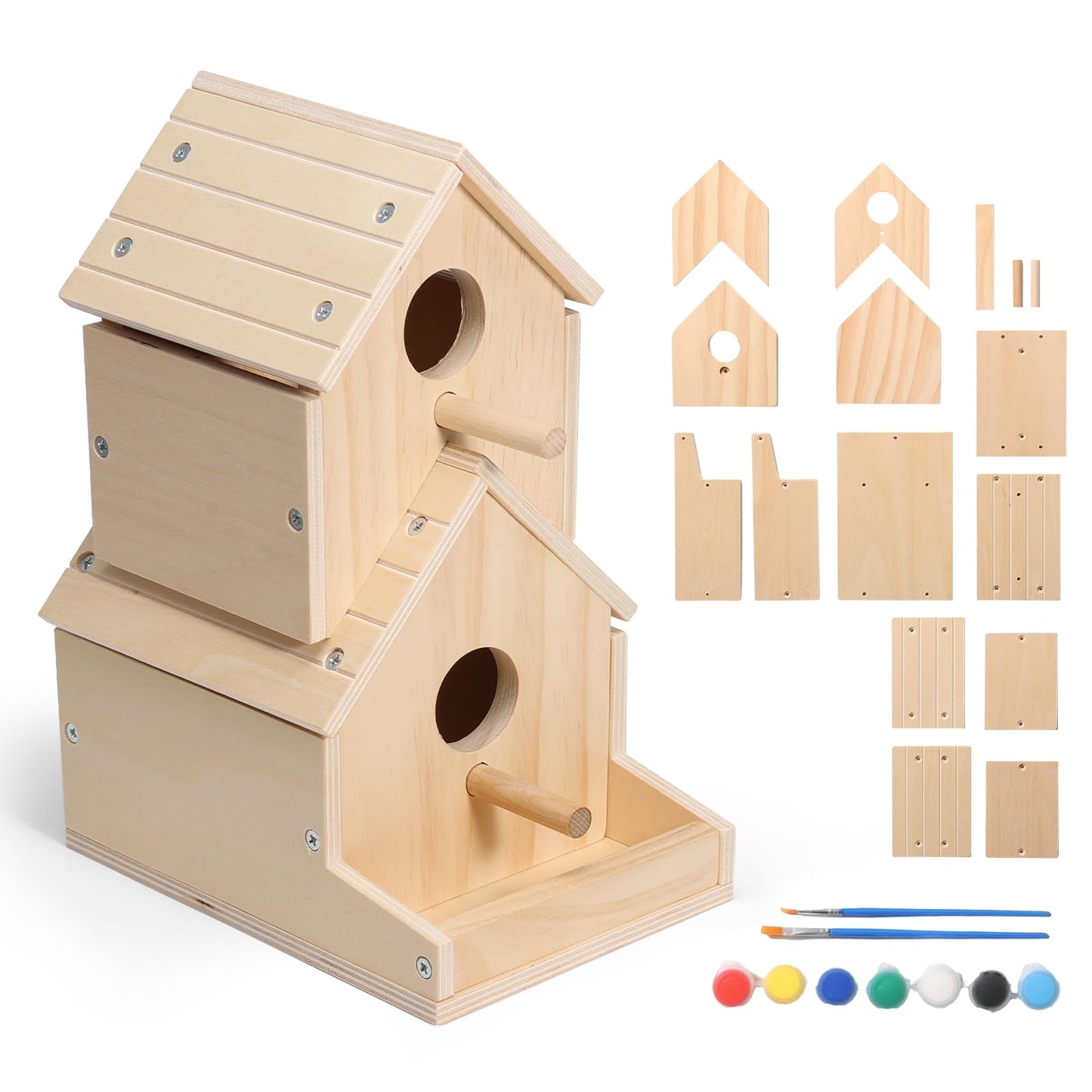 SainSmart Jr. Bird House 2-Story, Wooden Birdhouse Kids Woodworking Kit with Brushes and Paint - DIY Woodcraft Building Projects