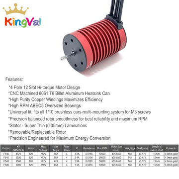 KingVal Replacement F540 4370KV Waterproof Brushless Motor Shaft 3.175mm Compatible with 1/10 RC Car