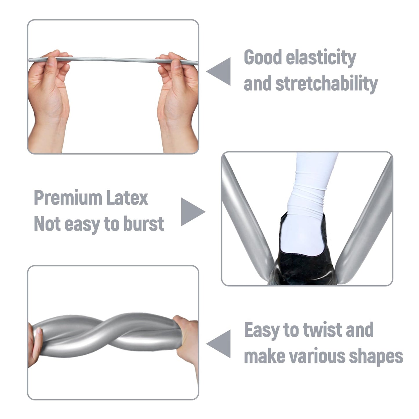 100Pcs 260 Balloons Metallic Silver Long Balloons For Balloon Animals, Silver Skinny Latex Twisting Balloon For Animals Modeling