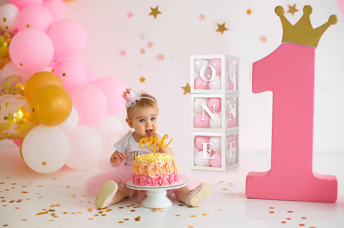 HDLJD Baby Girl First Birthday Party Decorations - 'ONE' Letters, 10" White & Baby Pink Square Boxes with 24 Balloons, Model HZ001
