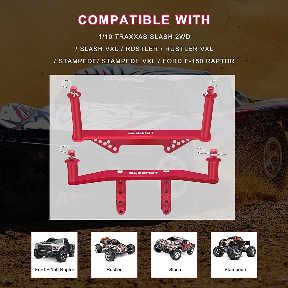 Aluminum Front & Rear Body Mounts with Body Posts Upgrade Parts for 1/10 Slash 2WD Rustler Stampede VXL Replaces #1914R RED