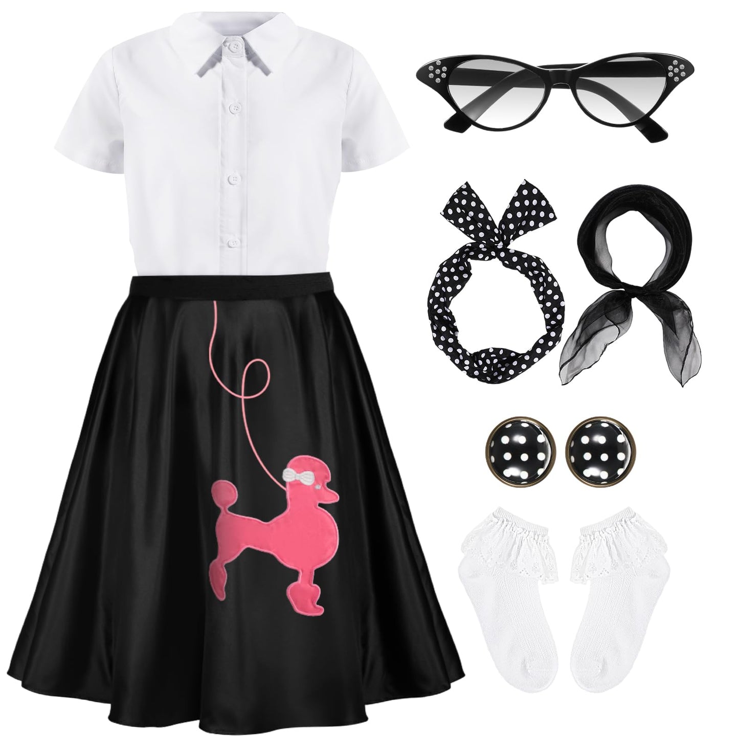 Silicherry 1950S Kids Poodle Skirt 50S Sock Hop Costume With Shirt Scarf Headband Earrings Glasses Socks(7-9 Years,Black)