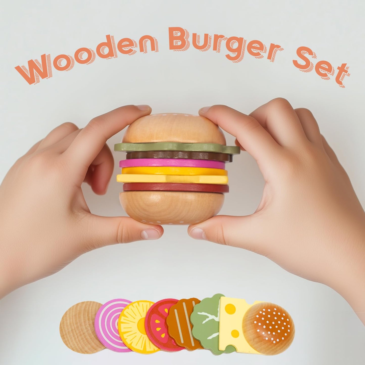 WOODENFUN Pretend Play Food Set for Kids,Wooden Fast Food Playset with Tray Hamburger Cola Fries Combo,Play Kitchen Accessories