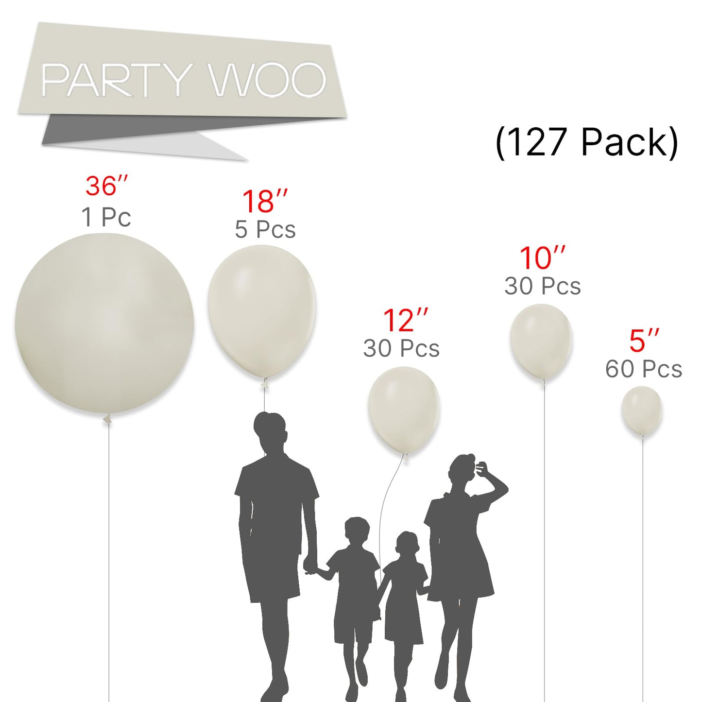 Partywoo White Sand Balloons, 127 Pcs Boho White Balloons Different Sizes Pack Of 36 Inch 18 Inch 12 Inch 10 Inch 5 Inch Sand White Balloons For Balloon Garland Arch As Party Decorations, White-F12