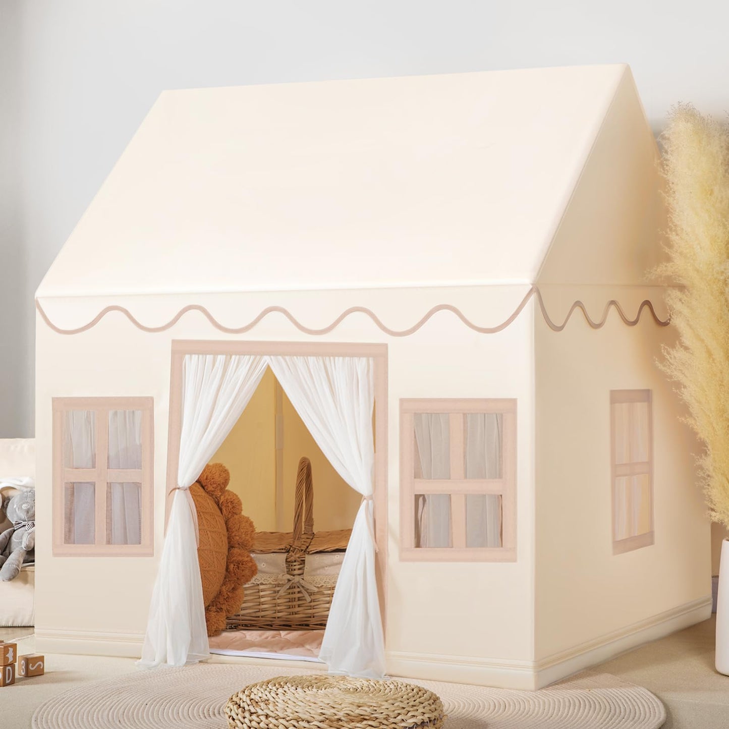 Wilwolfer Play Tent For Kids Indoor - Kids Play Tent Indoor Toddlers Play Tent Large Toddler Tent For Kids Toy House Birthday Gift For Boys & Girls Playroom Decor (Beige Playhouse With Mat)