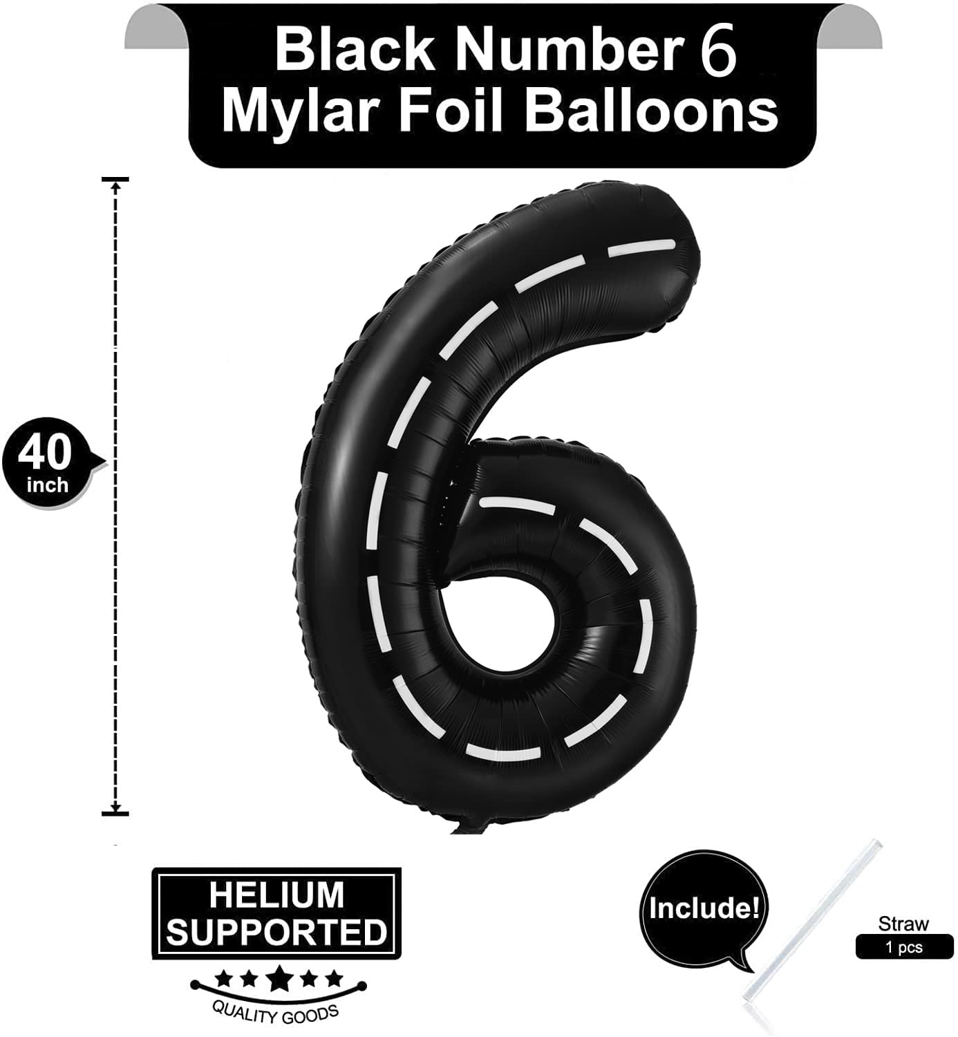 Bbpool Race Car Number 6 Balloon, 40 Inch, Black, Birthday Party Decoration