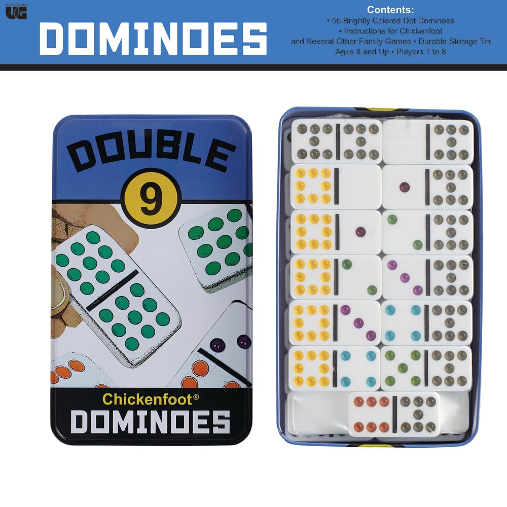 Front Porch Classics, Double 9 Colored Dot Dominoes Travel Tin Set, 2 To 8 Players Ages 8 To 99