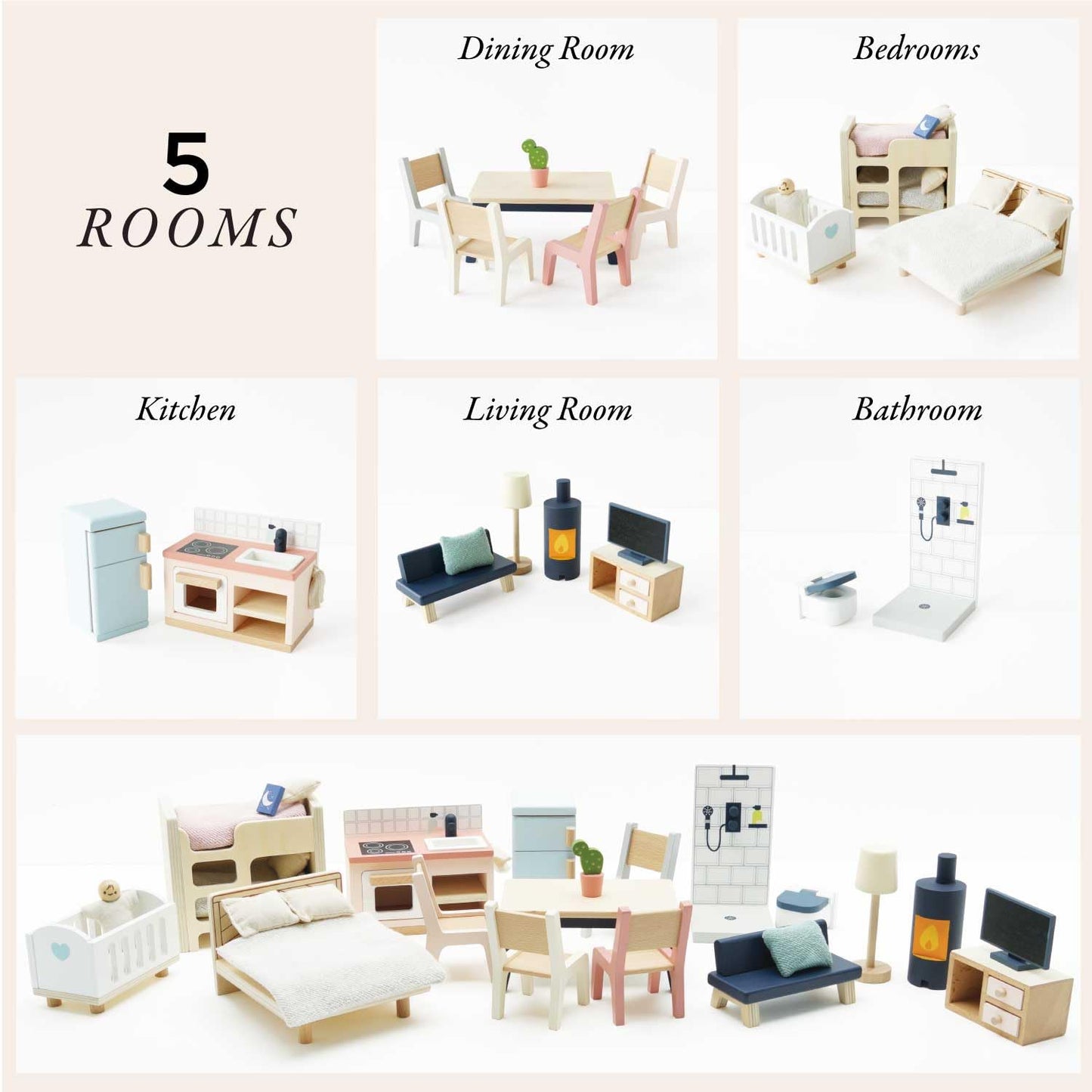 Le Toy Van - Wooden Dolls House Full Starter Furniture & Accessories Play Set For Dolls Houses | Girls Or Boys Dolls House Furniture Sets - Suitable For Ages 3+