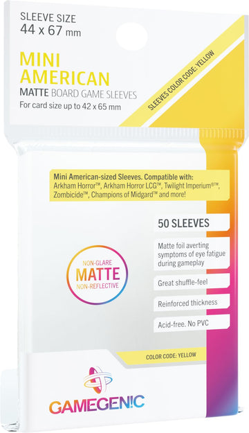 Matte Board Game Sleeves | Pack of 50 Matte Sleeves | 44 by 67 mm Card Sleeves Optimized for Mini American Card Games | enhanced Card Protection | FFG Yellow Color Code | Made by Gamegenic