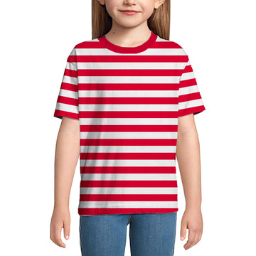 Boys Red White Striped Shirt Girls Waldo Costume Kids Summer Short Sleeve Crewneck Tee Top 13-14 Years