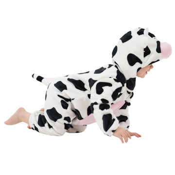 Lonulain Unisex Baby Animal Costume Pajamas, Infant Flannel Hooded Halloween Romper Cosplay Costume/Homewear/Sleepwear (Cow,12-1