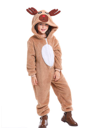Yolsun Reindeer Costume For Kids Animal Girls Dress Up Flannel Onesie With Hood Christmas Party Role Play Uniform(6-8 Years